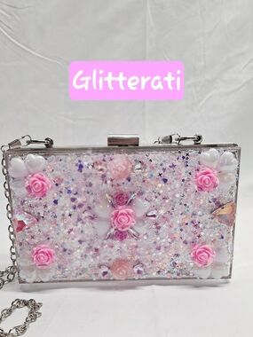 Handmade Pearl Chaos Clear Acrylic Clutch w/ Silver Hardware - Glitterati